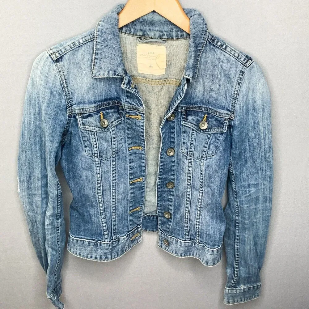 LOGG H&M Blue Faded Vintage Wash Distressed Denim Jacket Women Button Country - Picture 1 of 11